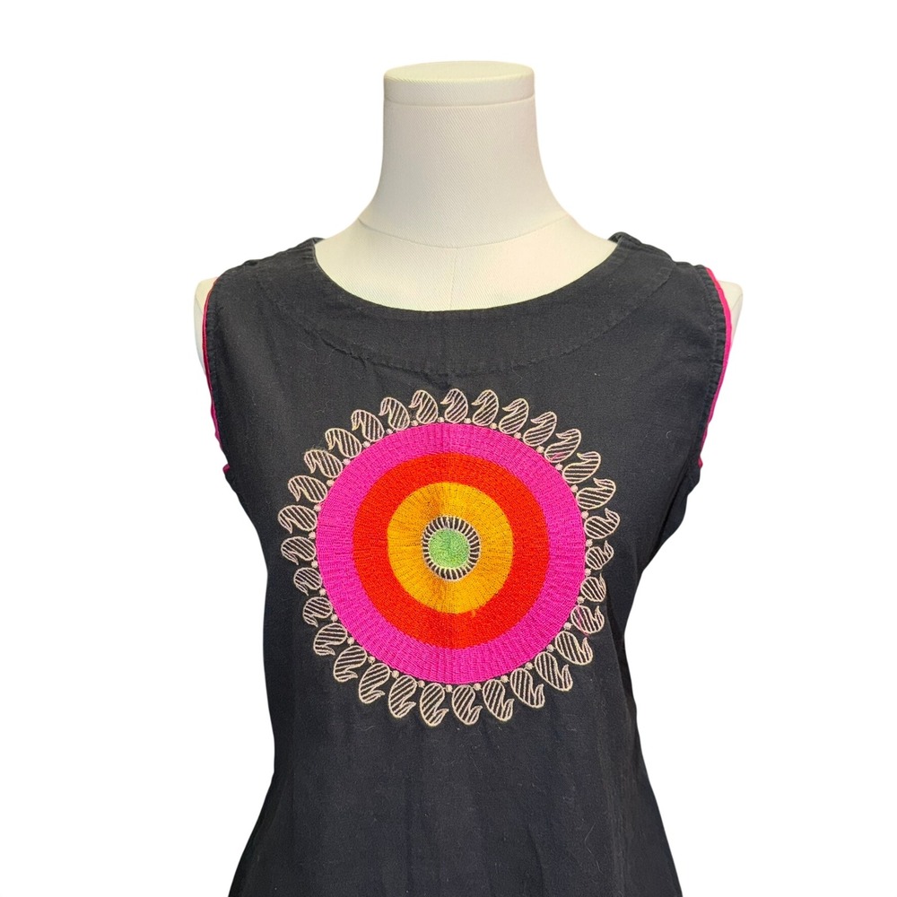 Bombay Paisley Black Cotton‎ Linen Embroidered Sunburst Sleeveless Top Medium